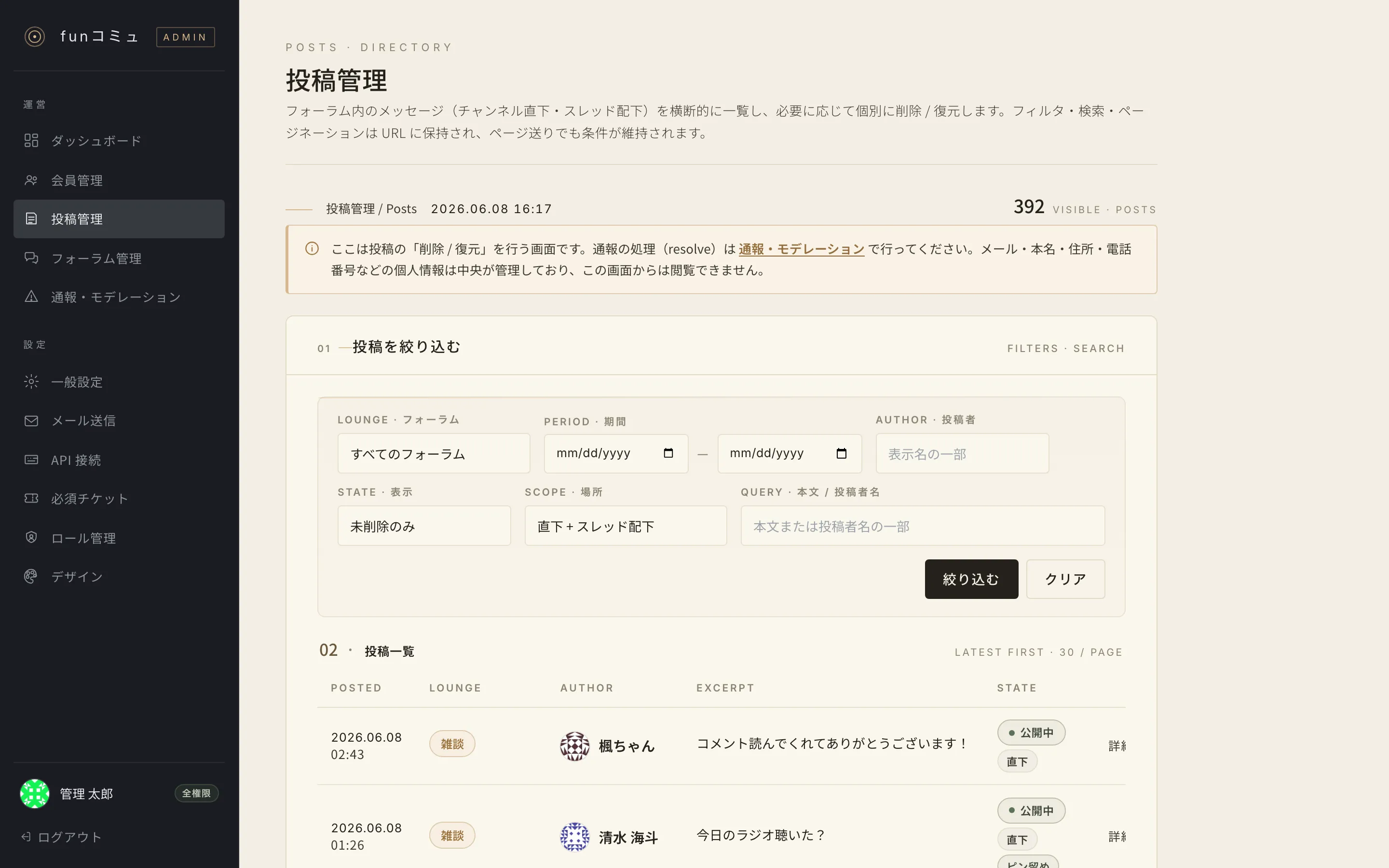 投稿管理画面
